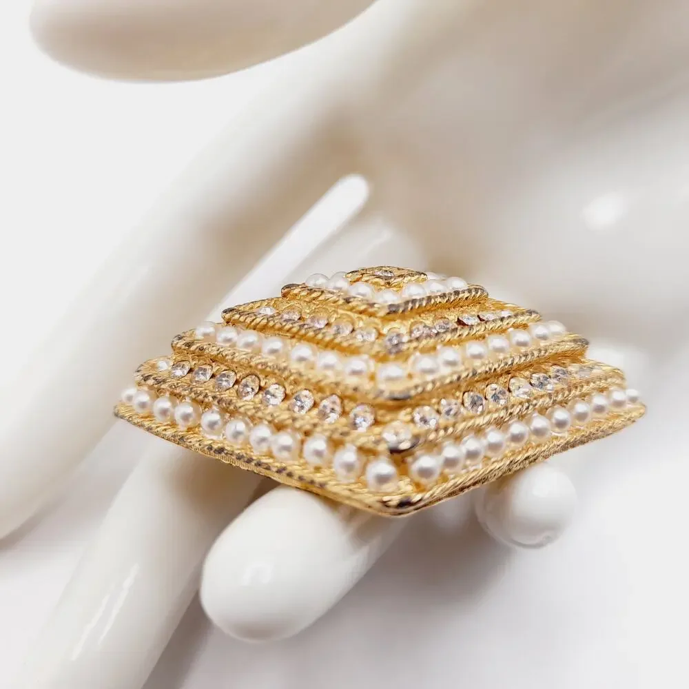 Vintage Rhinestone Faux Pearl Diamond Shaped Brooch Gold Tone Pin - 2 1/4 Inches